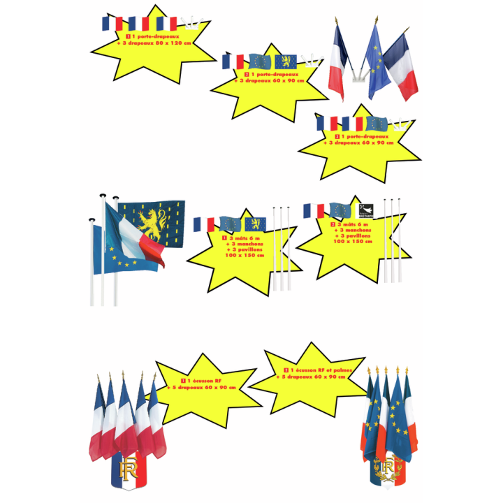 Lot pavoisement : 3 drapeaux France + 1 porte-drapeaux