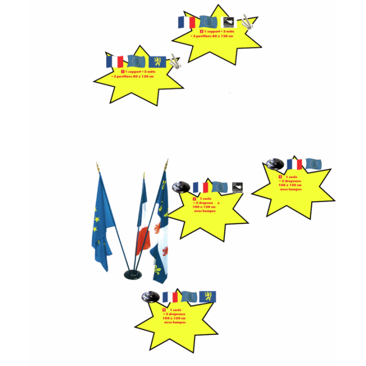 Lot pavoisement : 2 drapeaux France + 1 drapeau U.E. + socle