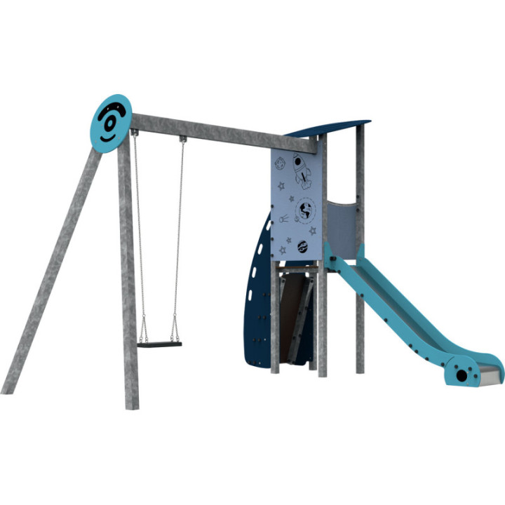 Jeu tourelle Planète avec portique et toboggan