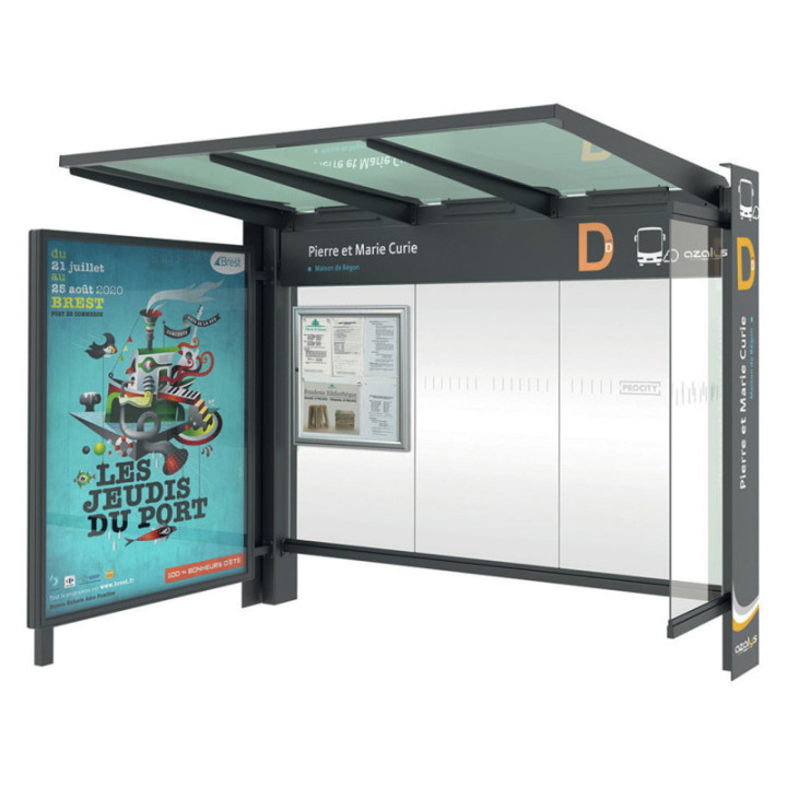 Abri avec vitrine à gauche et bardage latéral à droite