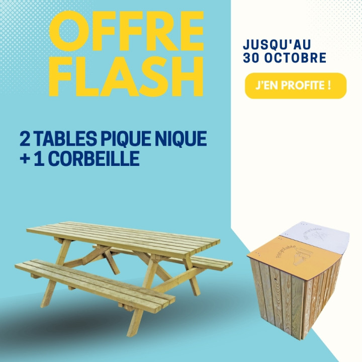 2 tables pique-nique Forestière + 1 corbeille de tri Poitevine